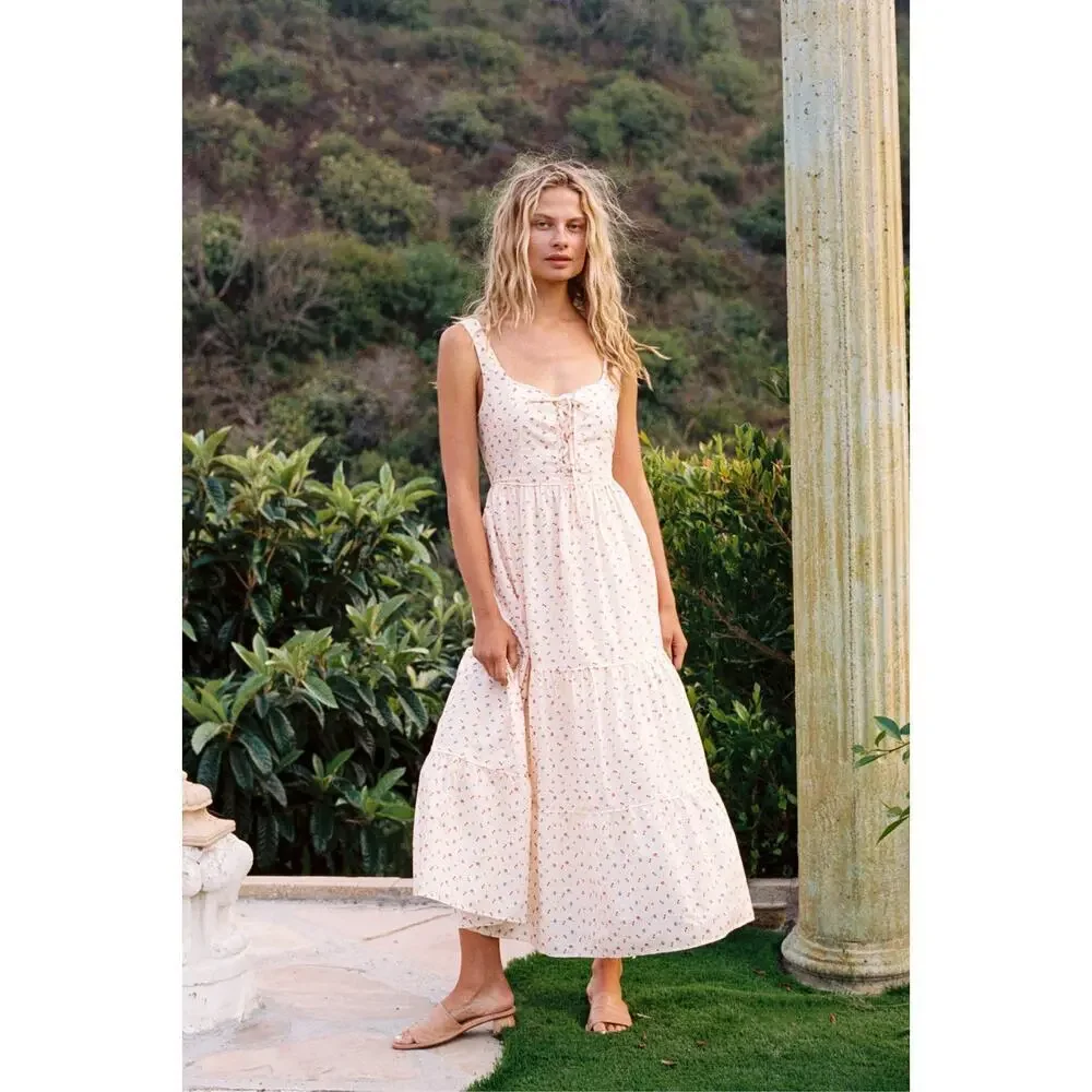 Christy Dawn The Adele Floral Lace Up Dress Carnelian Aster Garden Peach Size L - Picture 2 of 9